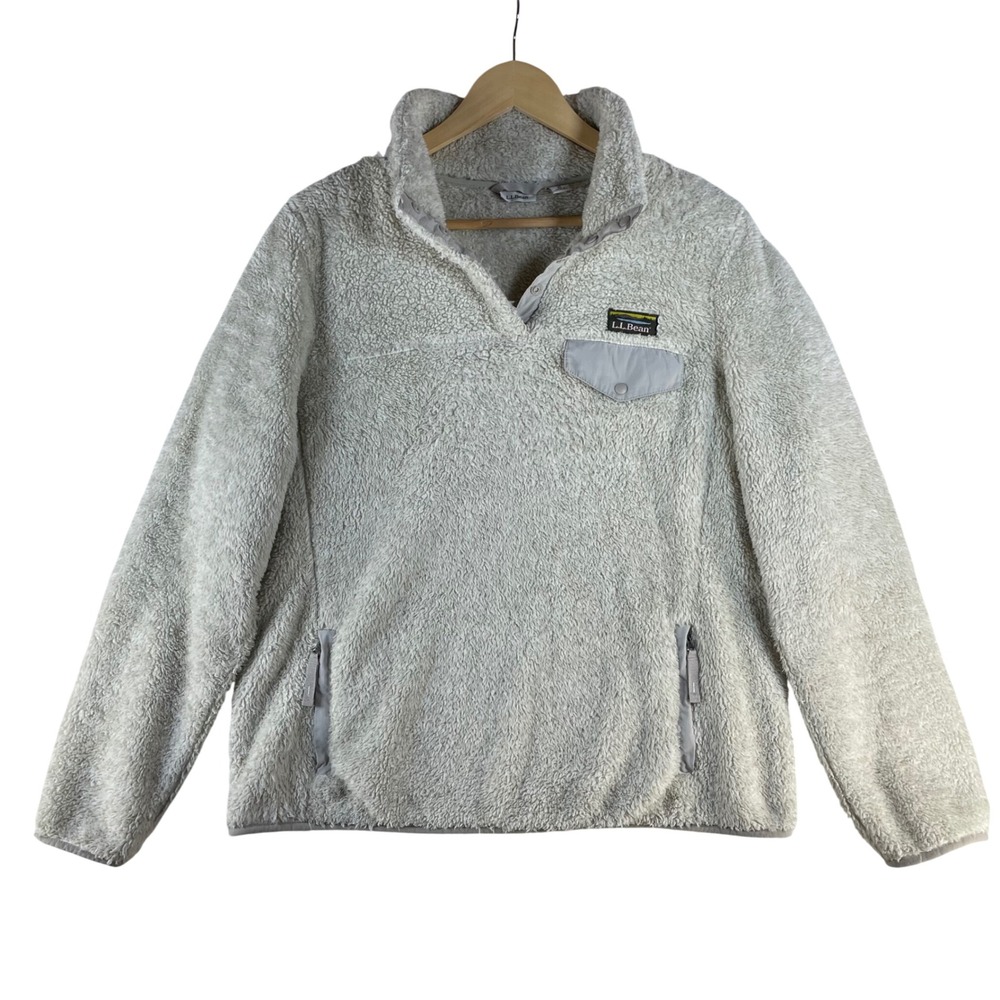 l.l. bean hi-pile fleece 1/4 snap pullover womens M oatmeal heather furry sherpa